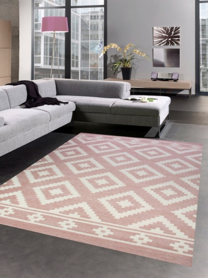 Teppich modern Wohnzimmer Teppich marokkanisches Desgin rosa weiß