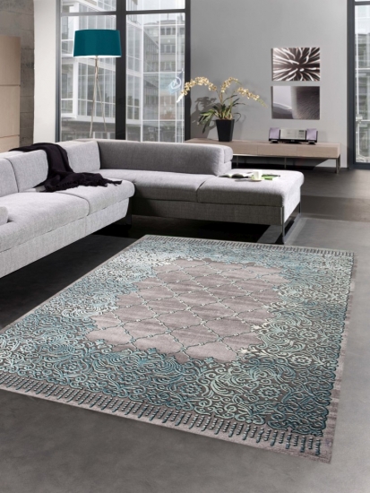 Teppich modern Wohnzimmer Teppich Ornamente in grau türkis