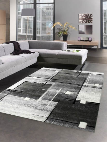 Moderner Teppich Kurzflor Wohnzimmerteppich Konturenschnitt karo abstrakt grau