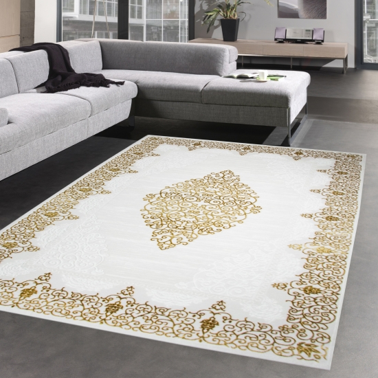 Moderner Teppich Wollteppich Wohnzimmerteppich Ornamente creme gold