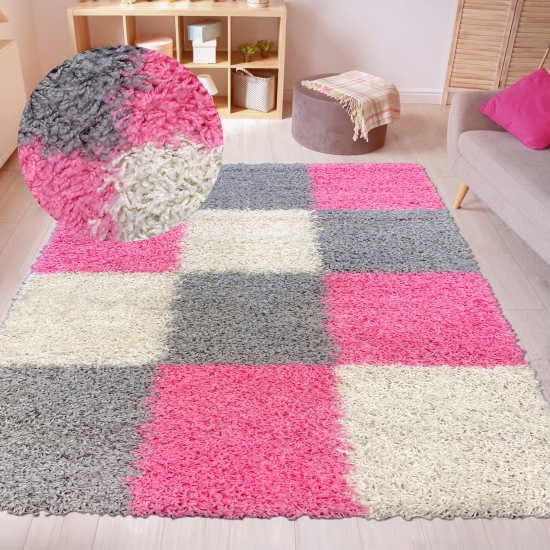 Hochflor Shaggy Teppich Karomuster rosa grau creme