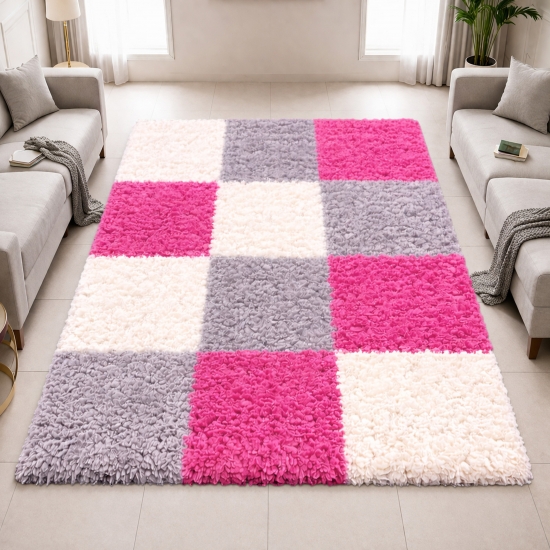 Shaggy Teppich Mehrfarbig Rosa Grau Creme – moderner Hochflor Teppich mit Karomuster