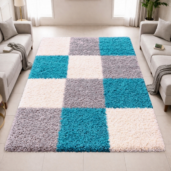 Shaggy Teppich Mehrfarbig Türkis Grau Creme – moderner Hochflor Teppich mit Karomuster