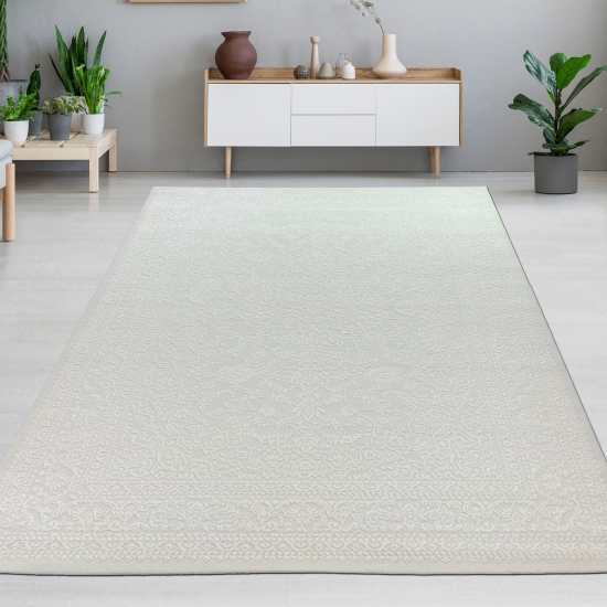 Eleganter recycel Teppich mit Ornamentmuster stilvolle Hoch-Tief-Struktur pflegeleicht Creme