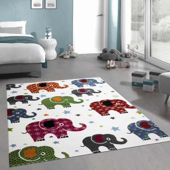 Kinderzimmer-Teppich | bunte Elefanten & Sterne | in creme