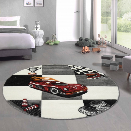 Kinderteppich Spielteppich Jungen Kinderzimmerteppich Auto Rennwagen rot schwarz