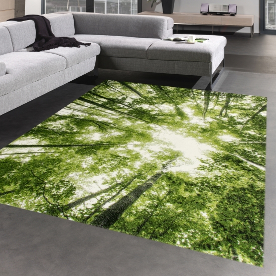 Designer Teppich Wohnzimmerteppich Kurzflor Wald Bäume in grün