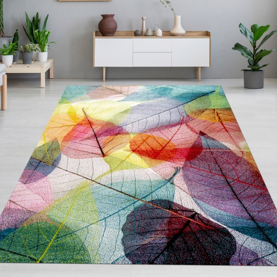 Teppich modern Designerteppich Blätter Laub bunt