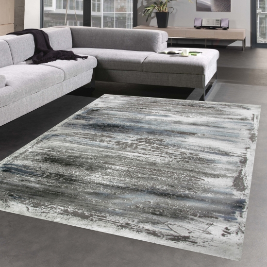 Teppich Design mit Glanzfasern grau blau gemustert