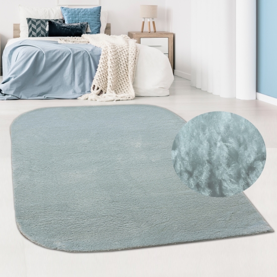 Schlafzimmer Teppich mit abgerundeten Ecken | waschbar | in blau