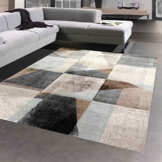 Abstrakter Teppich Flur Wohnzimmer modernes Karomuster in grau beige braun schwarz