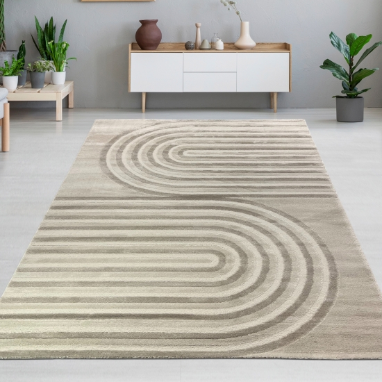 Eleganter Kurzflorteppich Creme Beige Streifenoptik Glanzeffekt strapazierfähig pflegeleicht Wohnzimmer Esszimmer Schlafzimmer