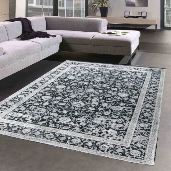 Orientalischer Teppich Wohnzimmer mit Blumenverzierungen in grau