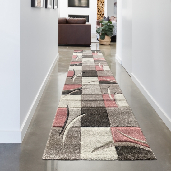 Designer Teppich Karo Pastell rosa creme braun
