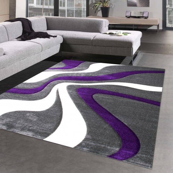 Stylischer Teppich mit Wellenoptik | in lila grau& weiß