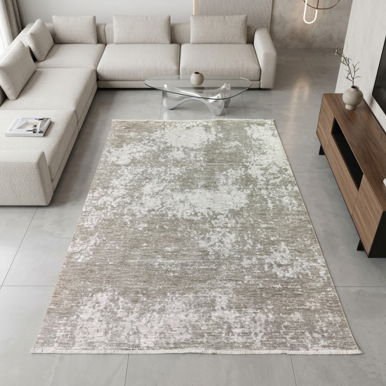 Moderner Teppich Beige Creme mit abstrakter Flächenstruktur und Fransen