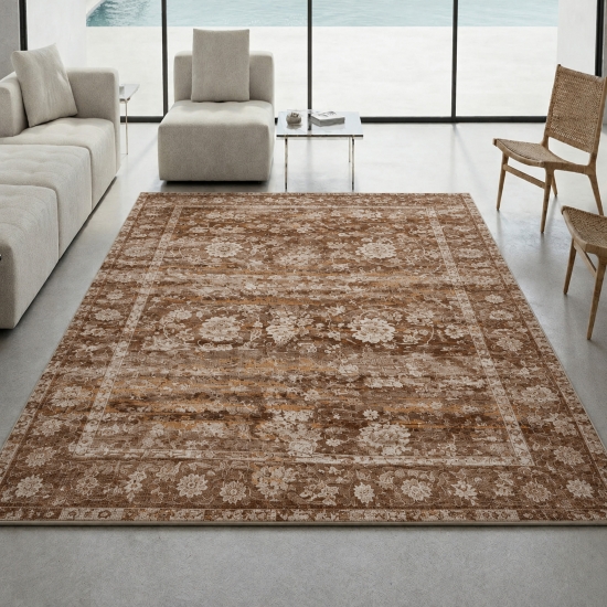 Brauner Designteppich mit floralem Vintage-Muster und Druckoptik