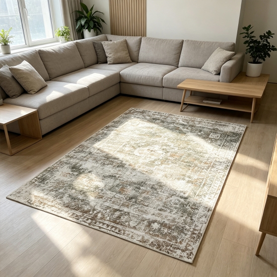 Beiger Designteppich mit Medaillon und strukturierter Vintage-Optik