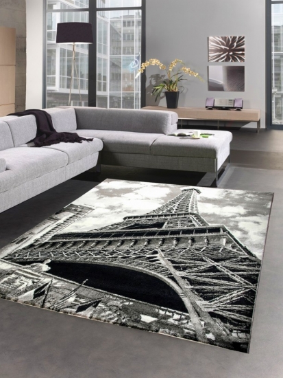 Designer Teppich Paris Eiffelturm Motiv grau schwarz