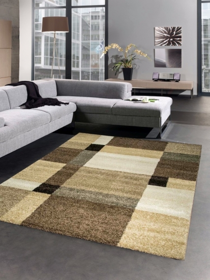 Moderner Teppich Kurzflorteppich Wohnzimmerteppich karo braun beige