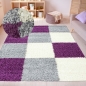 Preview: Shaggy Teppich Hochflor - Karo Design Violett Grau Creme