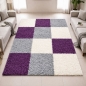 Preview: Shaggy Teppich Hochflor - Karo Design Violett Grau Creme