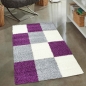 Preview: Shaggy Teppich Hochflor - Karo Design Violett Grau Creme