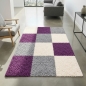 Preview: Shaggy Teppich Hochflor - Karo Design Violett Grau Creme