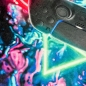 Preview: Auffälliger Gaming-Teppich mit lebendig-bunten neon-farbigen Symbolen und schwebendem Controller