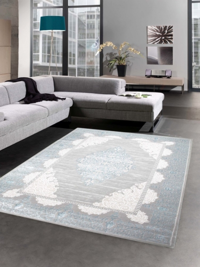 Moderner Teppich Wollteppich Ornamente Creme Grau Türkis