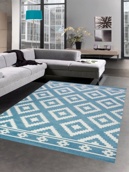 Teppich modern Wohnzimmer Teppich marokkanisches Design blau weiß