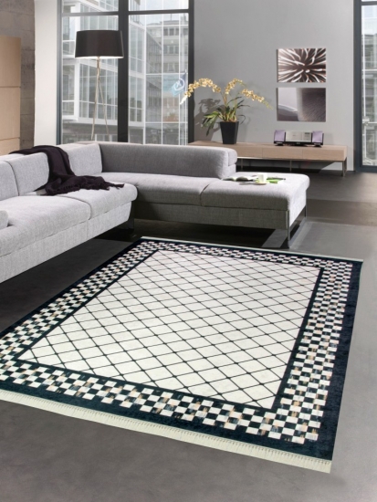 Teppich im Printdesign Teppich Wohnzimmer waschbar karo schwarz