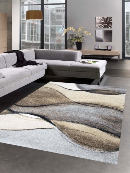 Designer Teppich Moderner Teppich Wohnzimmerteppich Kurzflor braun grau beige