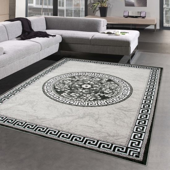 Orientalischer Teppich mit Bordüre & Glitzergarn creme grau