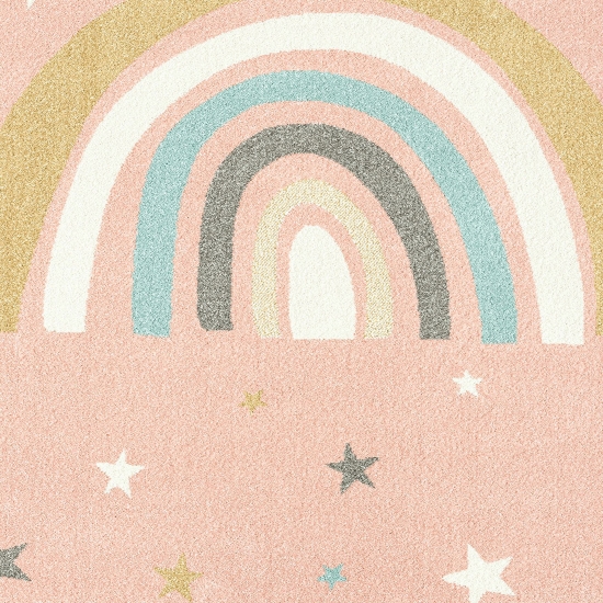 Magischer Kinderzimmerteppich mit Regenbogen und Sternen in rosa und weiß blau gelb