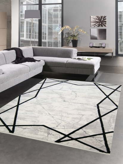 Teppich Wollteppich Marmorteppich geometrisches Muster beige creme schwarz