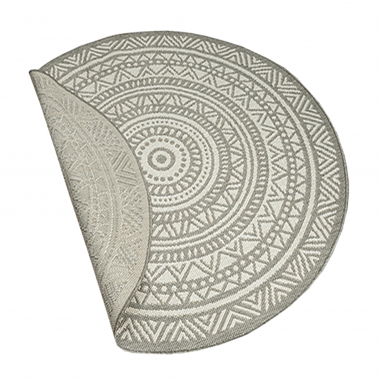 Runder Indoor- & Outdoorteppich im Mandala-Design – Grau und Creme, vielseitig einsetzbar