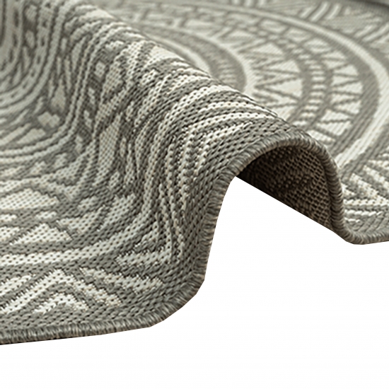 Runder Indoor- & Outdoorteppich im Mandala-Design – Grau und Creme, vielseitig einsetzbar