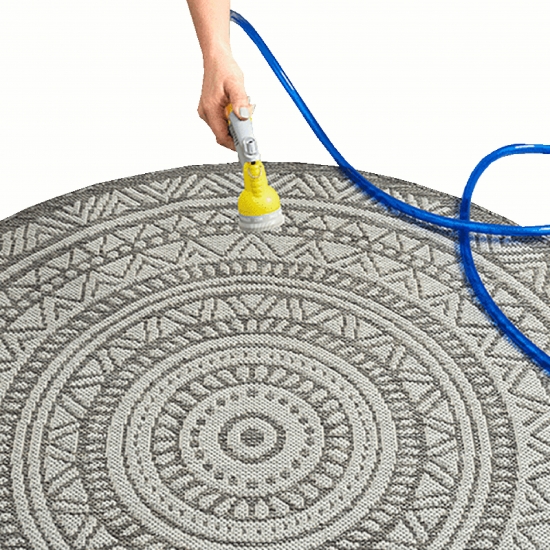 Runder Indoor- & Outdoorteppich im Mandala-Design – Grau und Creme, vielseitig einsetzbar