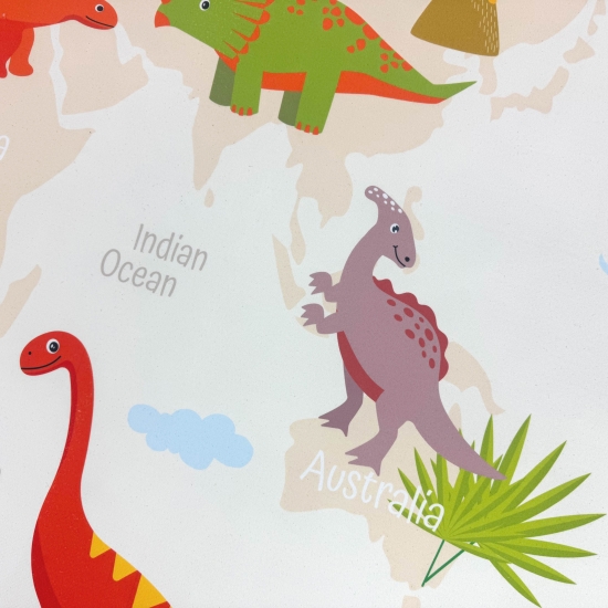 Kinderteppich im Dinomuster mit T-Rex Stegosaurus in Beige