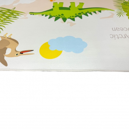 Kinderteppich im Dinomuster mit T-Rex Stegosaurus in Beige