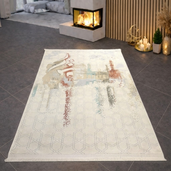 Moderner Gebetsteppich mit Kalligrafie-Design und Moschee-Motiv