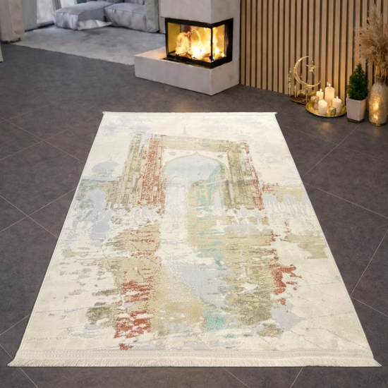 Moderner Gebetsteppich mit Moschee-Tor Motiv in hellen Naturfarben