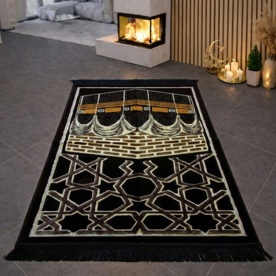 Gebetsteppich Schwarz Gold Beige mit grafischem Design und Fransen