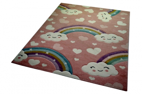 Kinderteppich Kinderzimmerteppich Babyteppich Regenbogen und Wolken rosa