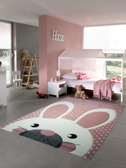 Kinderteppich Spielteppich Teppich Kinderzimmer Babyteppich Hase in Rosa Creme Grau