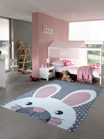 Kinderteppich Spielteppich Teppich Kinderzimmer Babyteppich Hase in Creme Grau Rosa