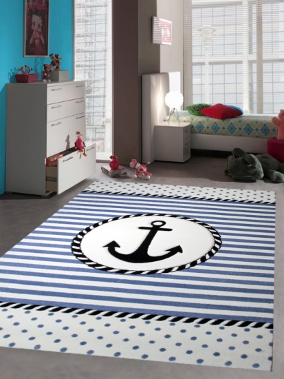 Teppich Kinderzimmer Babyzimmer Jungen Anker maritim blau crème schwarz
