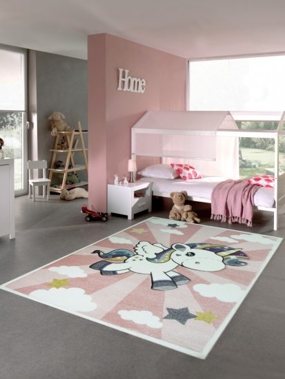 Kinderteppich Spielteppich Babyteppich Mädchen Einhorn Regenbogen rosa creme