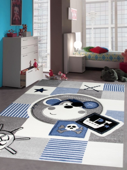 Teppich Kinderzimmer Babyzimmer Jungen Affe Pirat blau crème grau schwarz